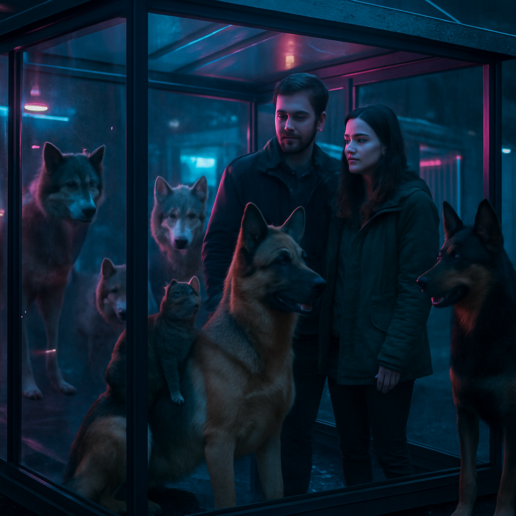 In the dream, the dreamer and their husband were in a glass house, surrounded by large dogs and wolves. Among the animals, a cat amusingly rode a dog. The scene was more exciting than frightening.