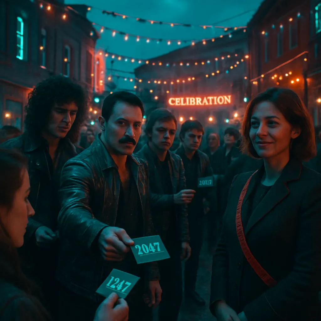 In a dream about a town preparing for a celebration, there are minimal words but a strong emphasis on visual elements. The Queen band is distributing cards to clarify the event. There's a number, 2947, possibly linked to a ticket or receipt. A female mayor leads the town. The dreamer feels positive anticipation throughout.