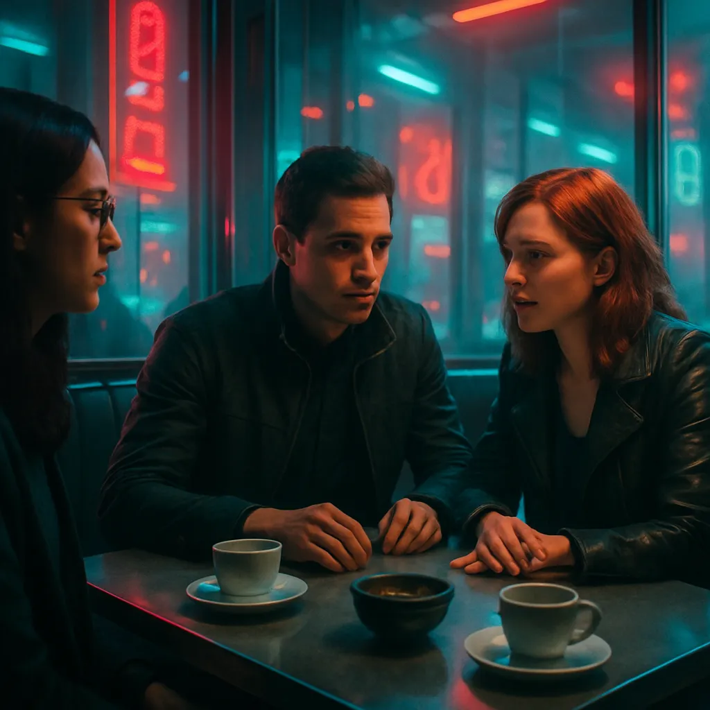 A dream involving intrigue around people burying items, a discussion at a restaurant table with an emphasis on helping one individual, and curiosity about another woman's quiet presence.