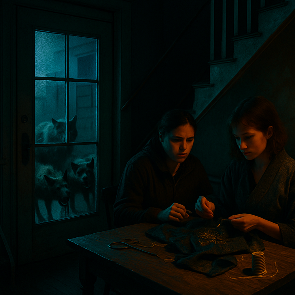 The dreamer is pursued by a threat, struggles to maintain boundaries with feral dogs trying to invade, and finds solace in crafting with a friend, all while dealing with fear and a sense of vulnerability.