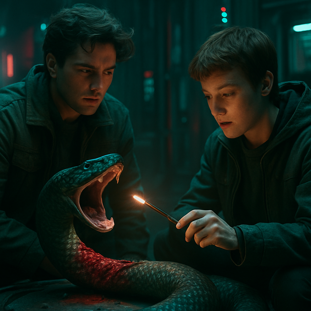 The dream involves the dreamer alongside Caine dealing with a giant snake that has a damaged tail. The dreamer attempts to repair it using another tail and applies something on a wand to help heal it, resulting in the snake screaming like a child.