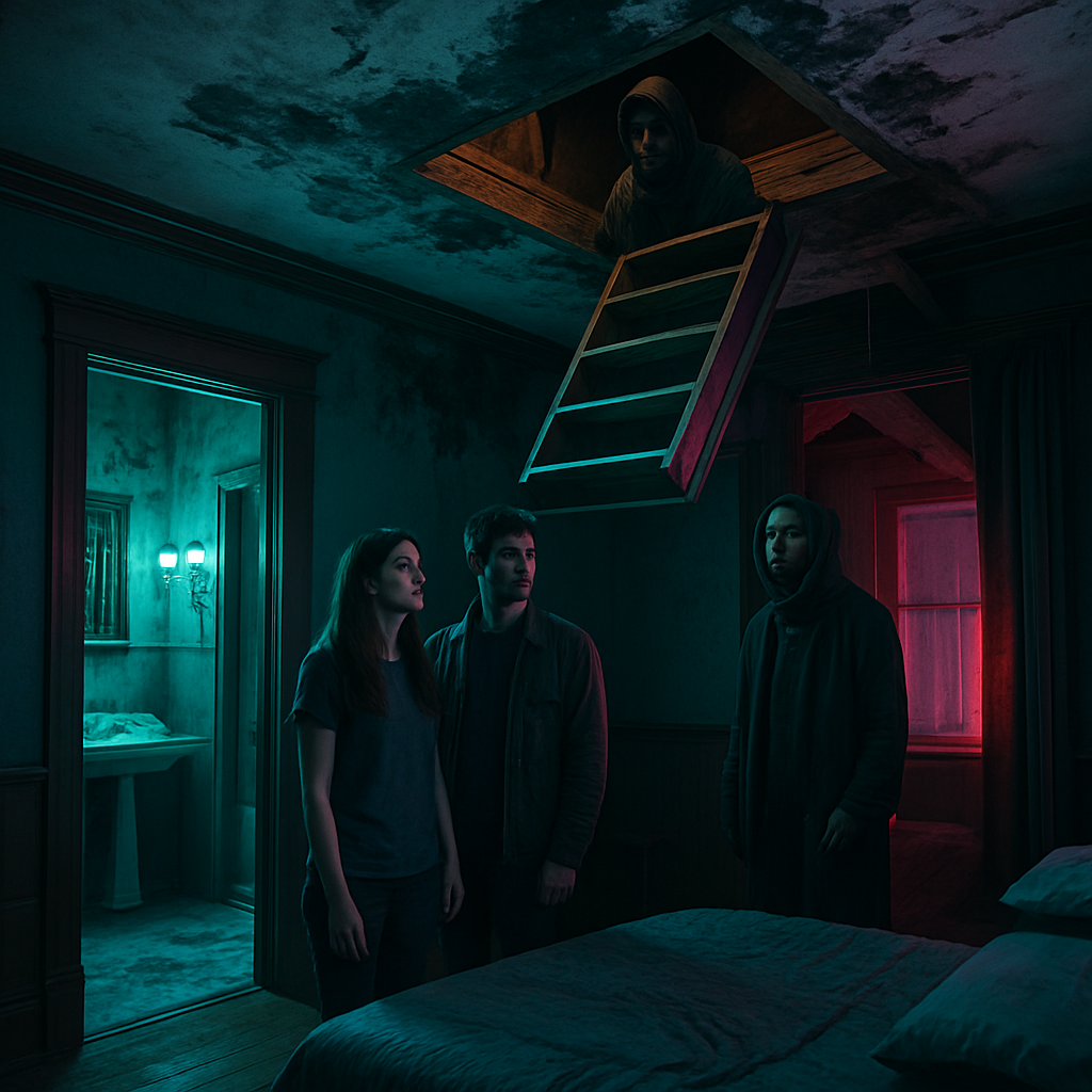 The dreamer is in a turn of the century house with creaky floors and wood interiors. The dream focuses on a bedroom with water damage from an ensuite bathroom, leading to the discovery of hidden attic space with a mysterious figure named Omar.