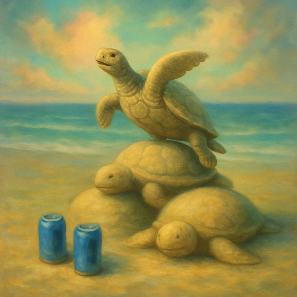 The dreamer sees sand sculptures by three people, focusing on turtles. Two turtles are too round, but the third one is life-like. It waves its fins and claims it represents how a turtle should look, showing off its flatness.