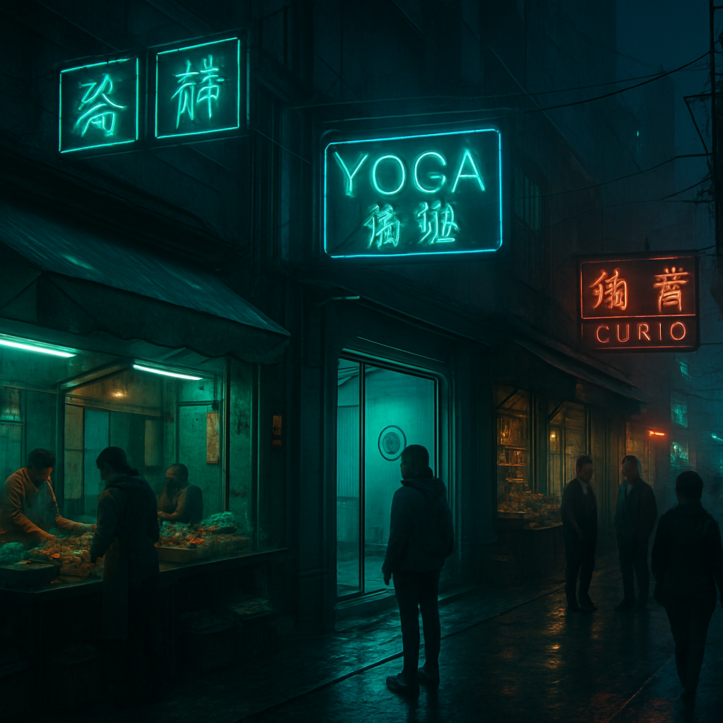 The dreamer finds themselves in a recurring town setting connected to their real-life occupation of teaching yoga. They explore a long street with vendors, engage with a mysterious curio shop, and reconnect with familiar people from the yoga studio, realizing changes in familiar places.