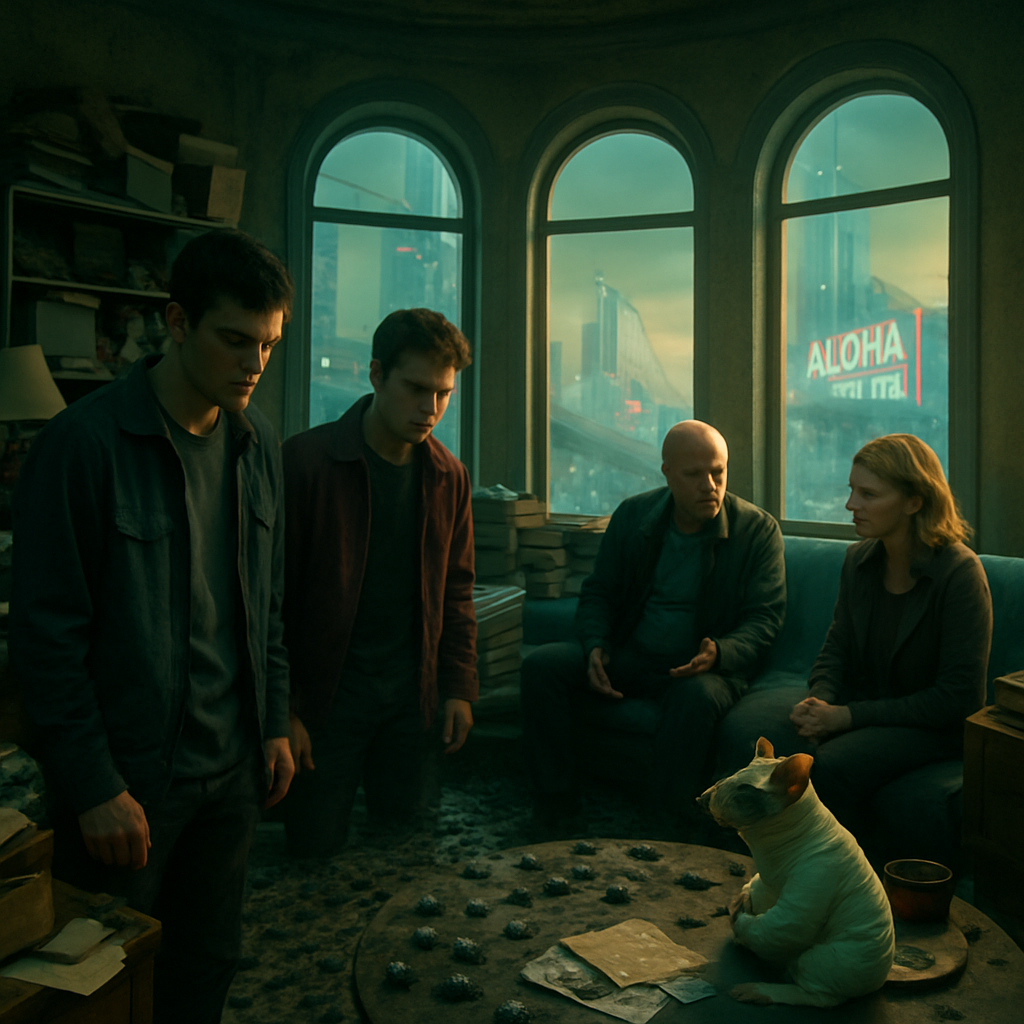 The dream involves being in a cluttered house with a brother, dealing with a swarm of tiny black bugs, and encountering a rat in a body cast. Later, in a sunny tower room, there's a tense conversation with an ex father-in-law about moving to Hawaii, causing feelings of frustration and entrapment.