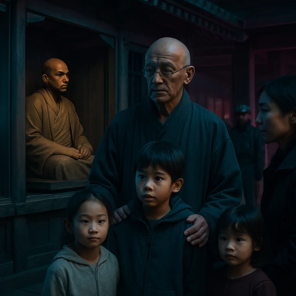 The dreamer is entrusted with the care of an elderly priest's children and grandchildren at the house of Itono. A life-sized wooden statue of the priest is made, symbolizing devotion. There are encounters with figures like Jogaku, and reflections on spiritual and mundane responsibilities.