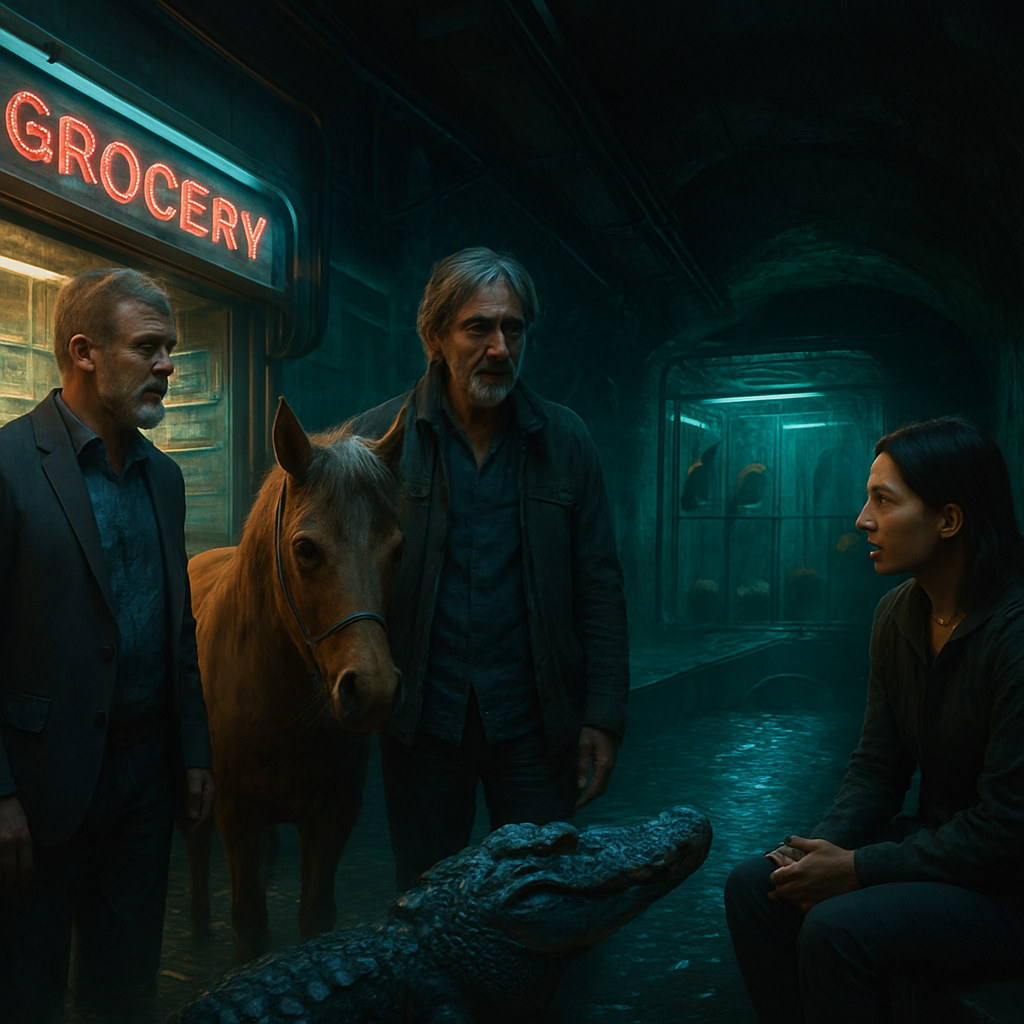 The dreamer navigates a grocery store, encounters symbolic figures, traverses a semi-urban neighborhood with a companion pony, observes animals in a cage, and journeys through an underground stream, eventually facing an alligator without fear.