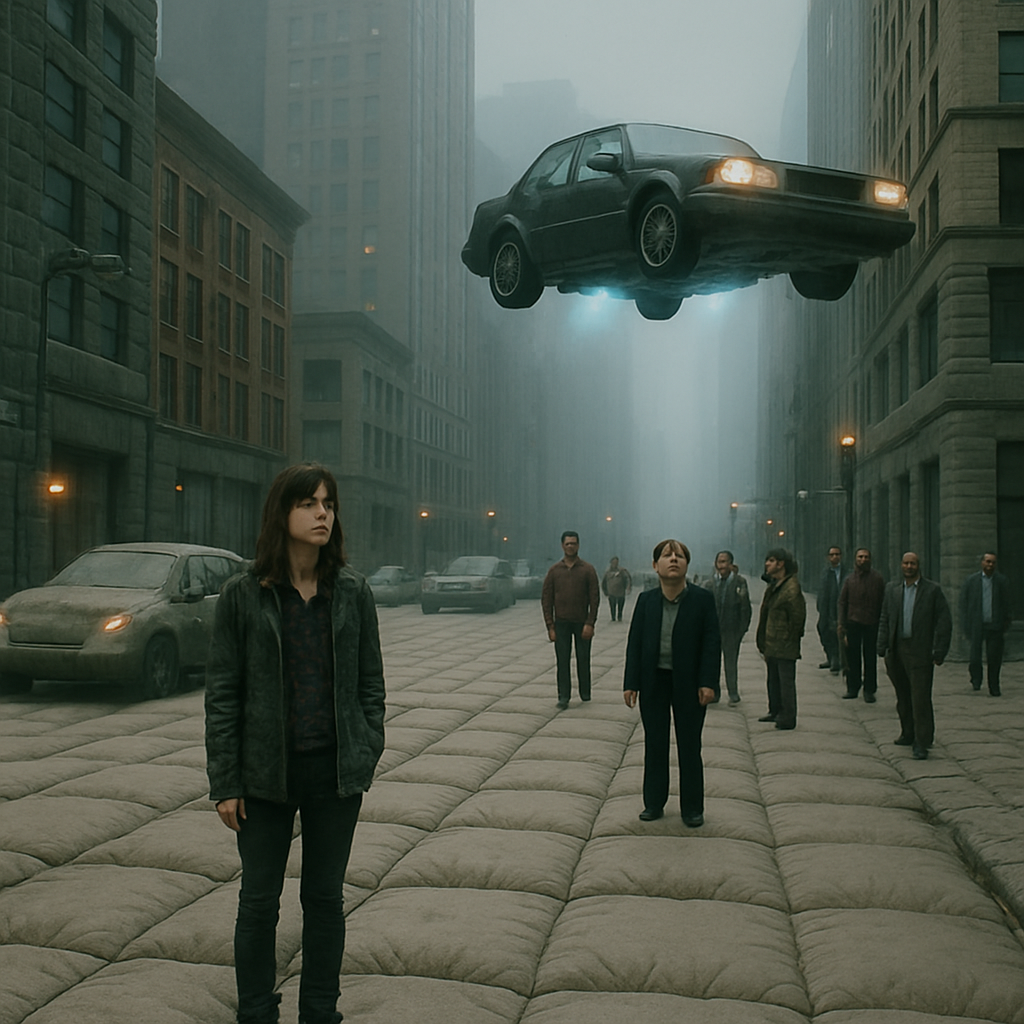 The dreamer finds themselves in a soft, padded city environment where TV characters from Parks and Rec are present. There's confusion, followed by observing a car that flies, symbolizing freedom.
