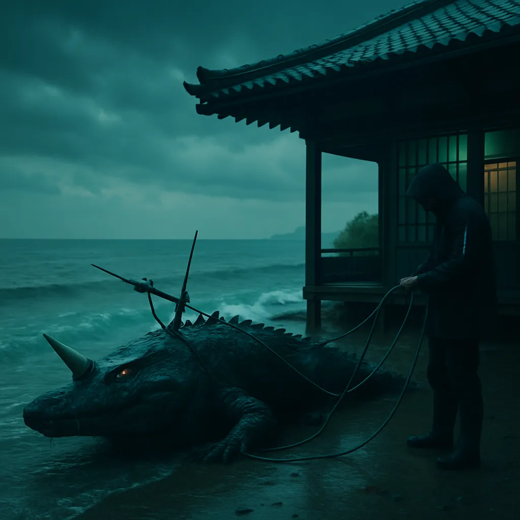 The dreamer sees an ocean in front of a house belonging to a lay priest. In the ocean, there is a large fish identified as a crocodile, which has a horn. Someone pierces its head and ties it up, leading the dreamer to think the fish is almost dying.