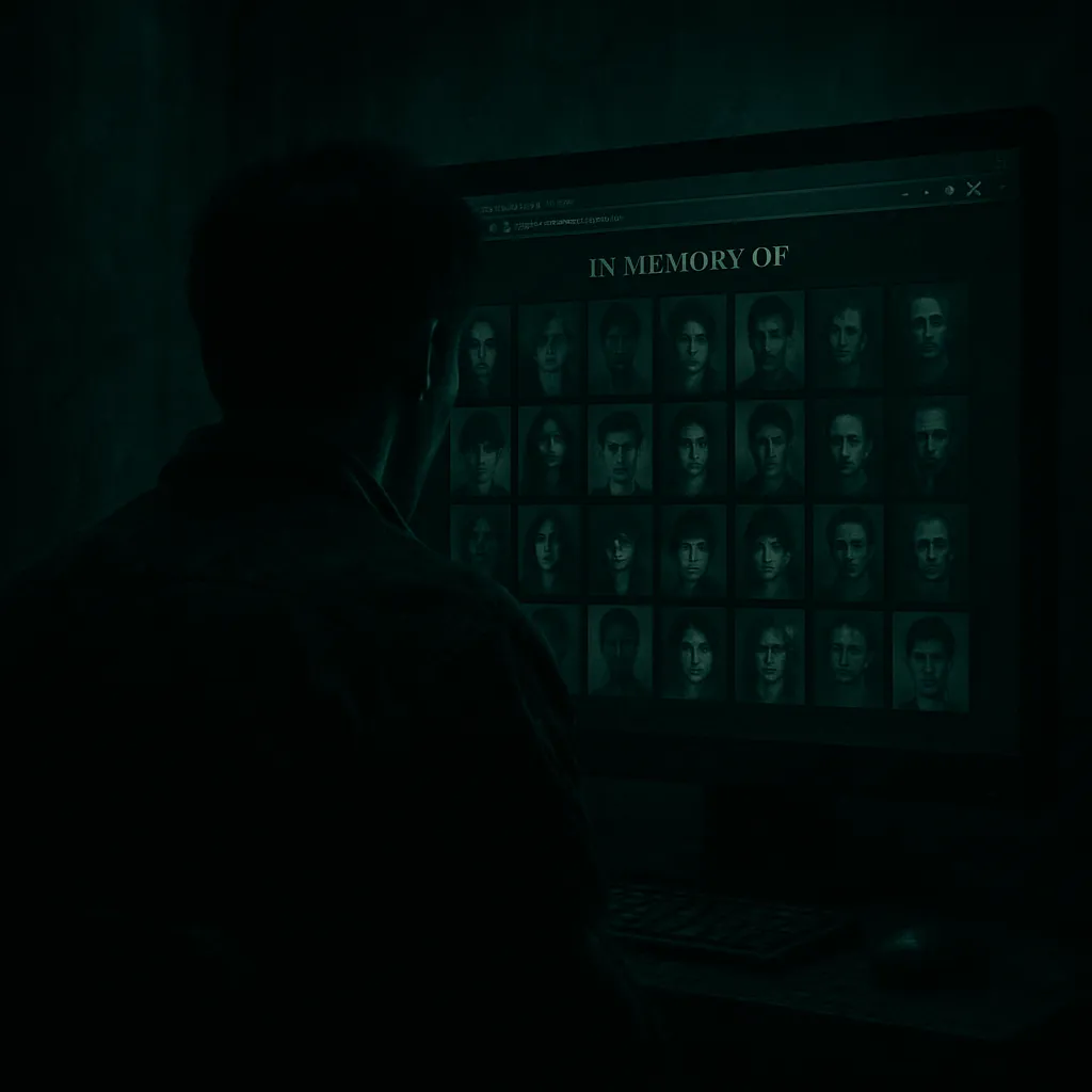The dreamer was building a website containing images of those killed, finding the process sad and disturbing due to the overwhelming number of images.