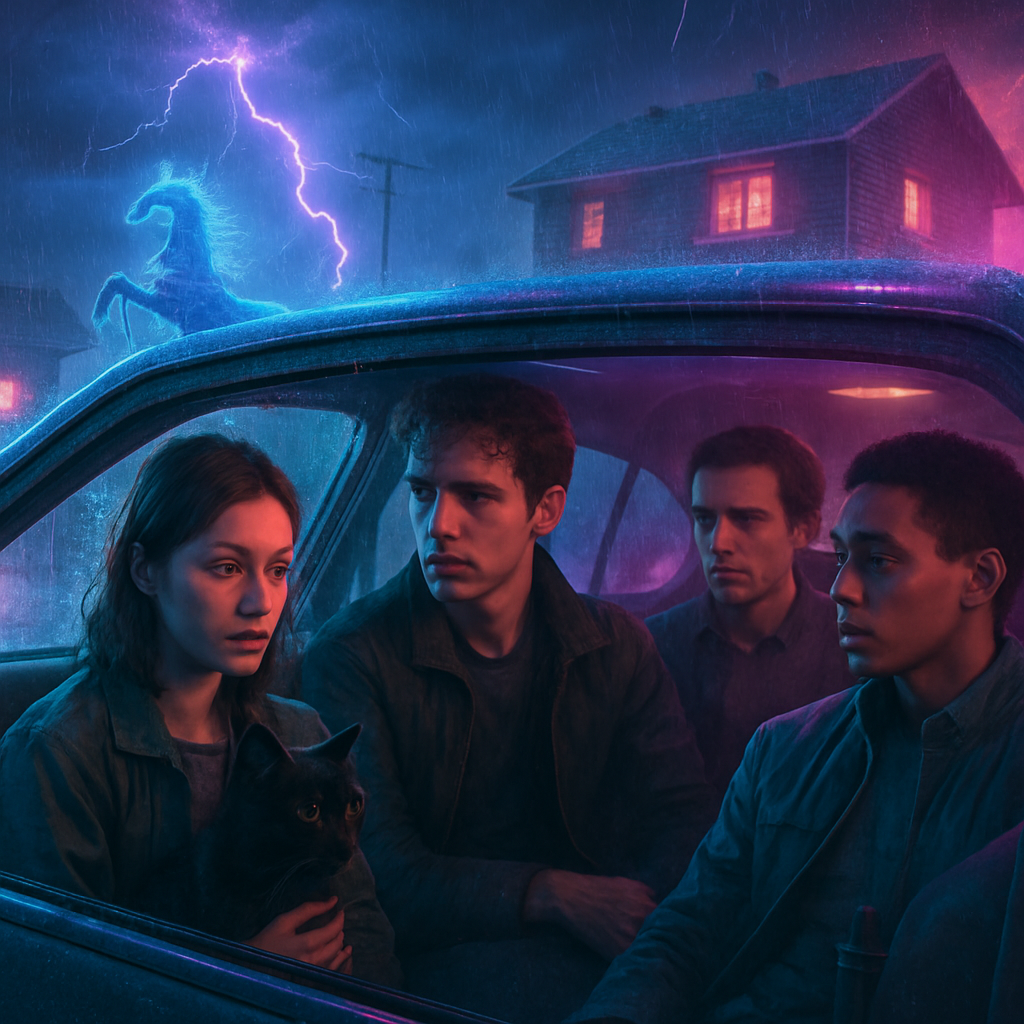 The dream involves a car journey with friends, concerns for a pet cat Blacky, an impending storm, managing a rearing horse, searching for lavender oil, and a blend of romantic or identity discomfort with Tobin and Stephen.