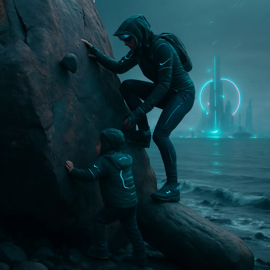 The dream involves climbing a boulder with a child, facing fears of danger that prove unfounded. A rock is released but does not fall, symbolizing small trials. At the seashore, a smooth log-shaped rock provides confident footing.