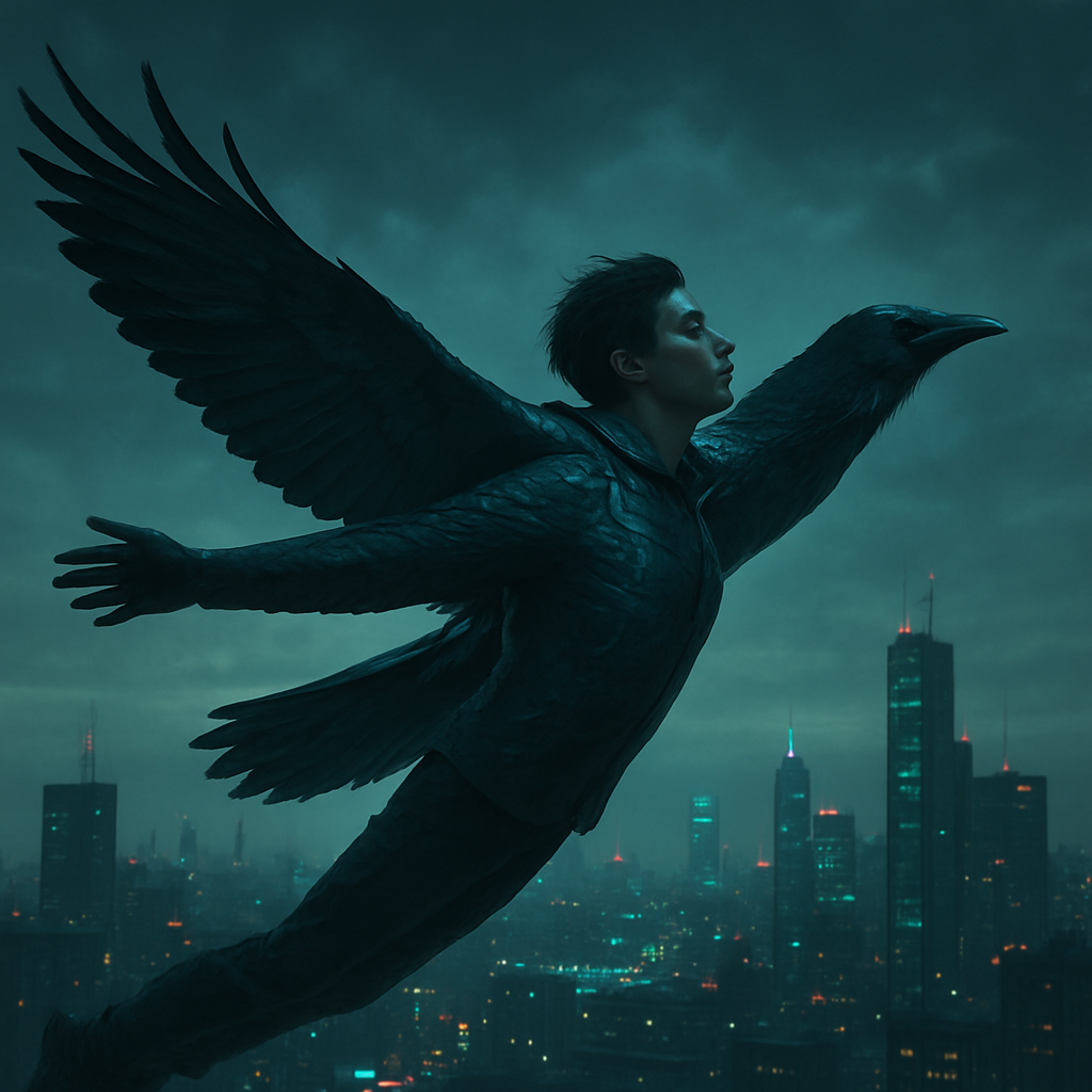 The dreamer succeeds in flying and transforms into a crow, experiencing a sense of freedom and transformation.