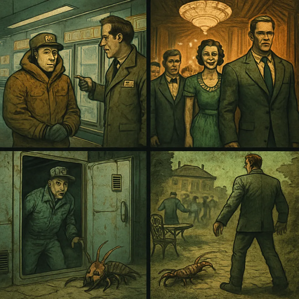The dream begins with a work-related scenario at a grocery store and shifts to a large, opulent gala event involving family. It transitions from joyful celebrations to a dark atmosphere with the introduction of a poisonous centipede, symbolizing a hidden threat.