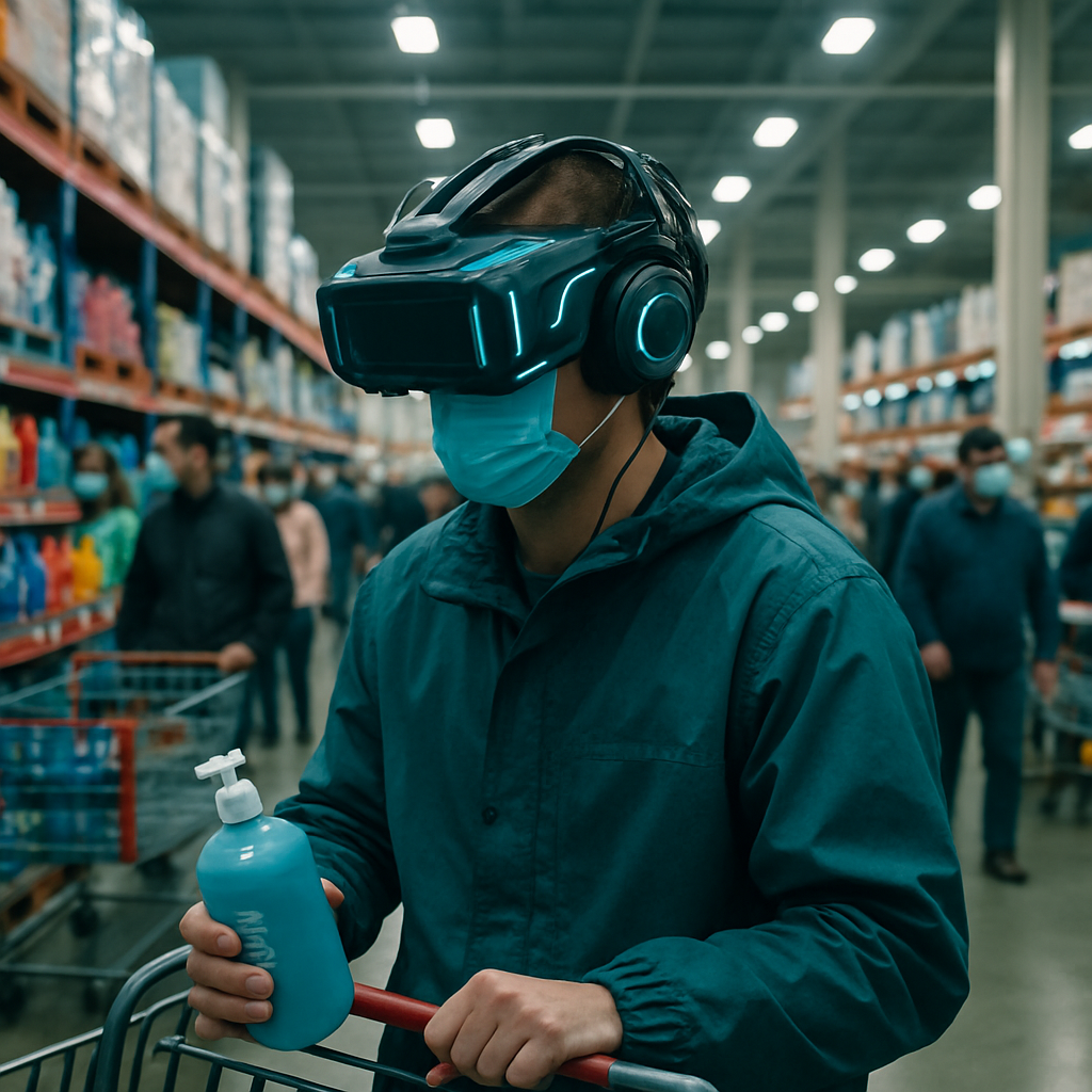 The dreamer is in a store like Costco, feels compelled to use a VR helmet due to COVID measures, searches for soap, and notices people in all aisles.