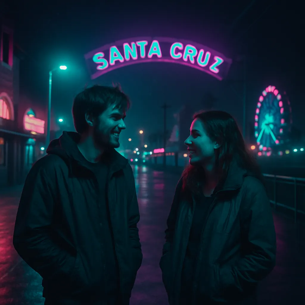 The dreamer is in a dark, Santa Cruz-like setting with their ex, Rory, having an enjoyable time and acknowledging their positive interaction.