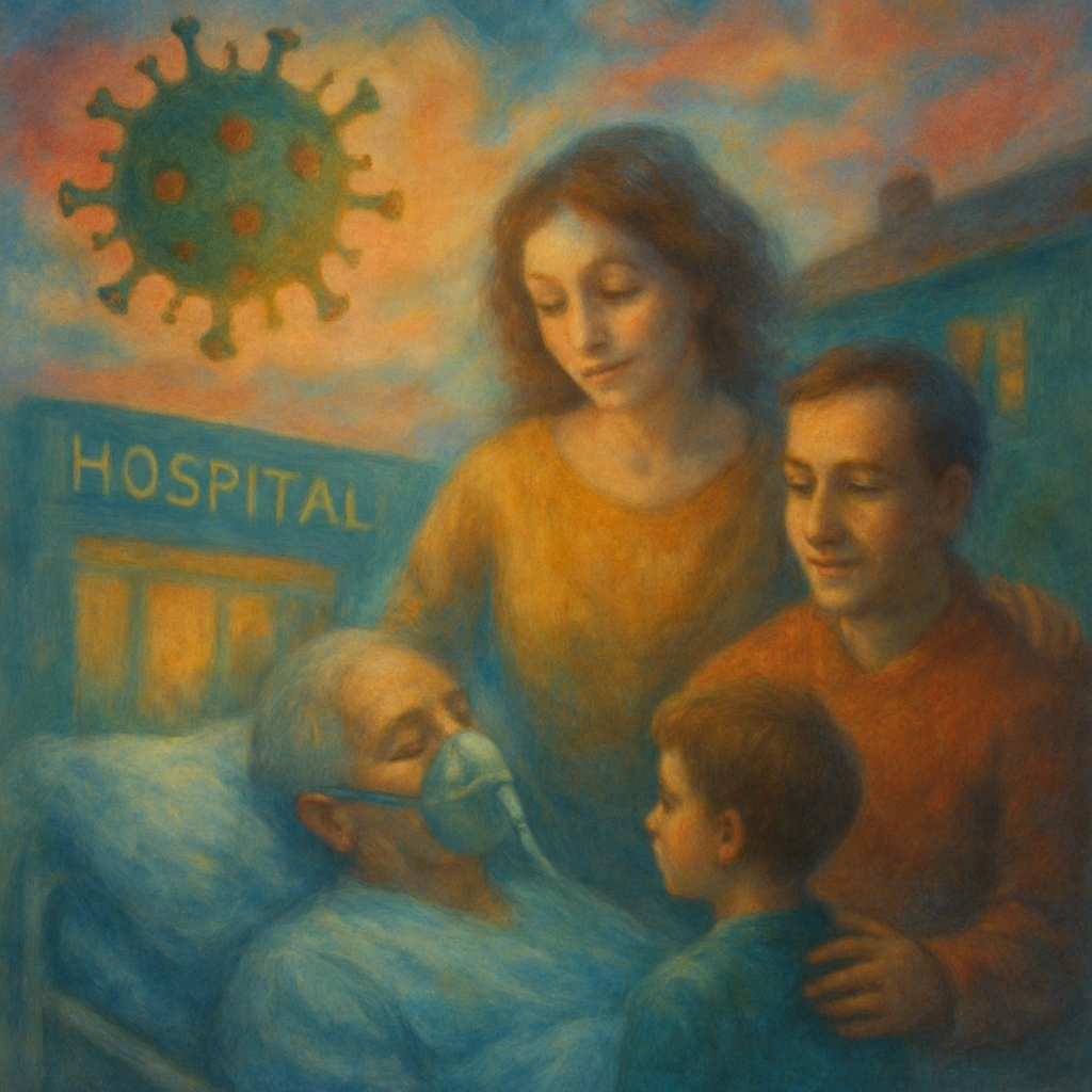 A family member becomes very ill with COVID-19, requiring hospitalization and eventually recovering. The dream ends on a note of gratitude and relief for their survival.
