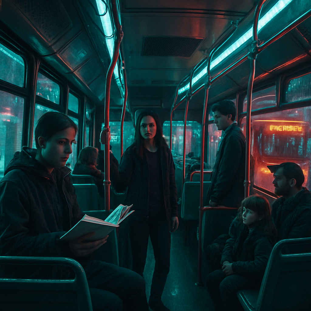The dream involves traveling on a bus from La Peña, interacting with people like SIr, CAb, and ChVi, and experiences around seeing exam answers and waiting for a specific red bus, which seems part of a parade.