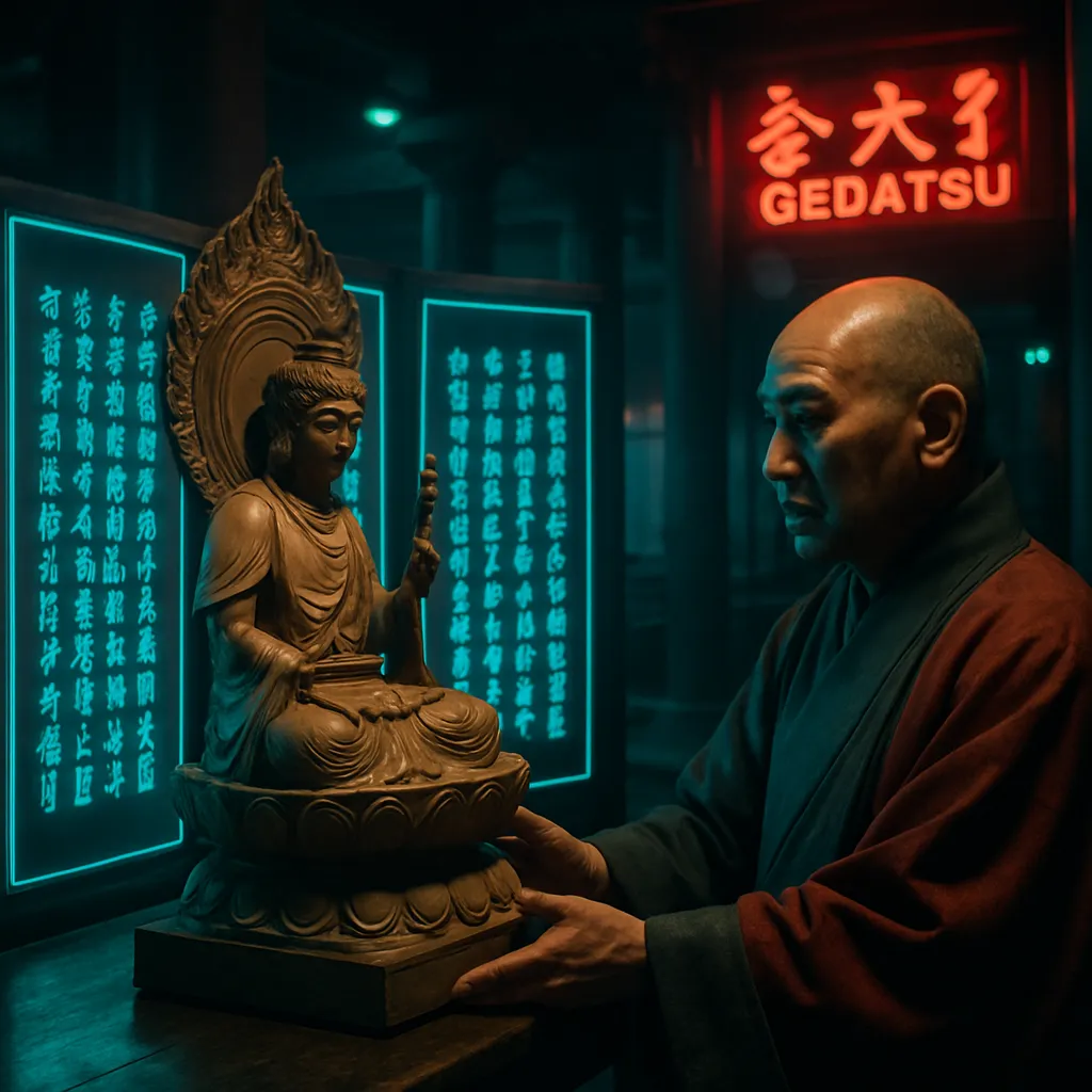 In the dream, the dreamer visited a place called Gedatsu at Ksagi and presented a wooden statue of Manjusri along with four screens containing written passages, following instructions from an authoritative figure.