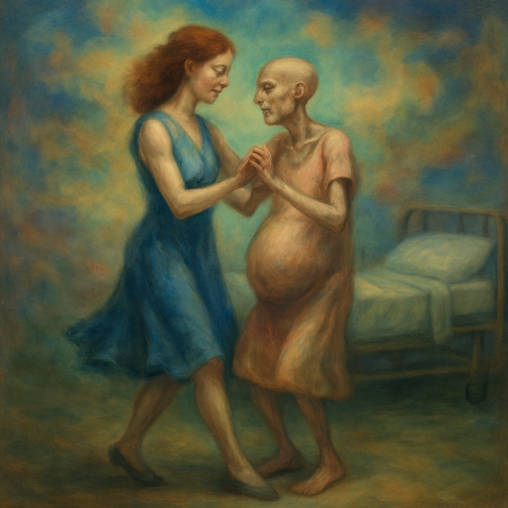 The dreamer dances with their friend Zoe, who is in hospice care, feeling the contrast between her emaciated form and her bloated abdomen due to cancer.