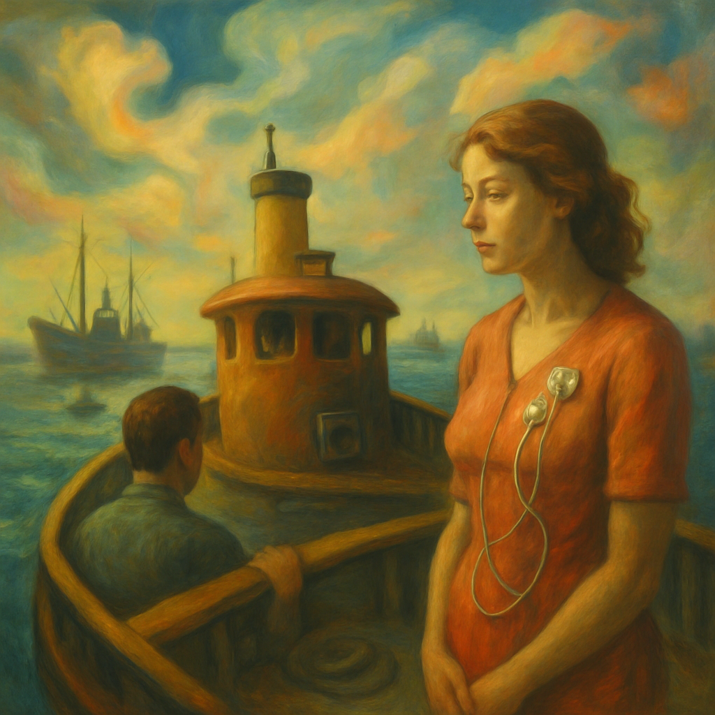 The dreamer is on the afterdeck of a tugboat, expecting a heart test but instead embarks on a scenic tour. They observe developments and fish boats, feeling impatience due to the delay. A woman, involved in the testing process, listens to complaints but offers no resolution.