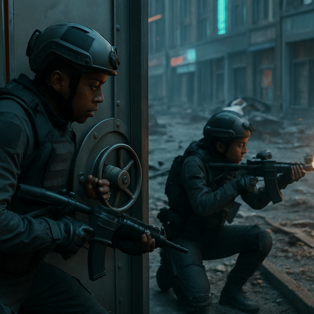 Two younger individuals in protective gear were in a controlled combat situation, locking a door with a safe-like mechanism and exchanging fire across a street. The dreamer was an observer in this futuristic setting.