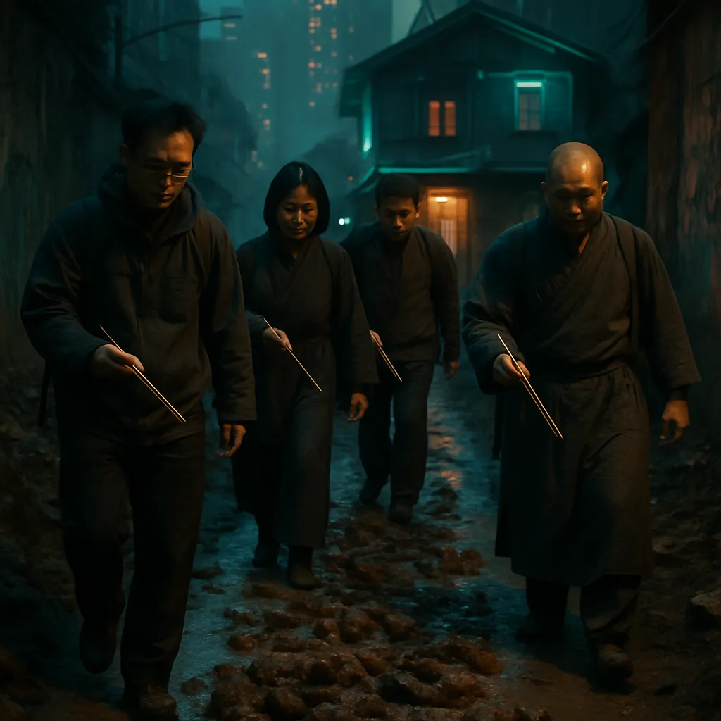 The dreamer finds themselves journeying with a group of practitioners towards a house, encountering a path filled with excrement where the companions use chopsticks to interact with the mess.