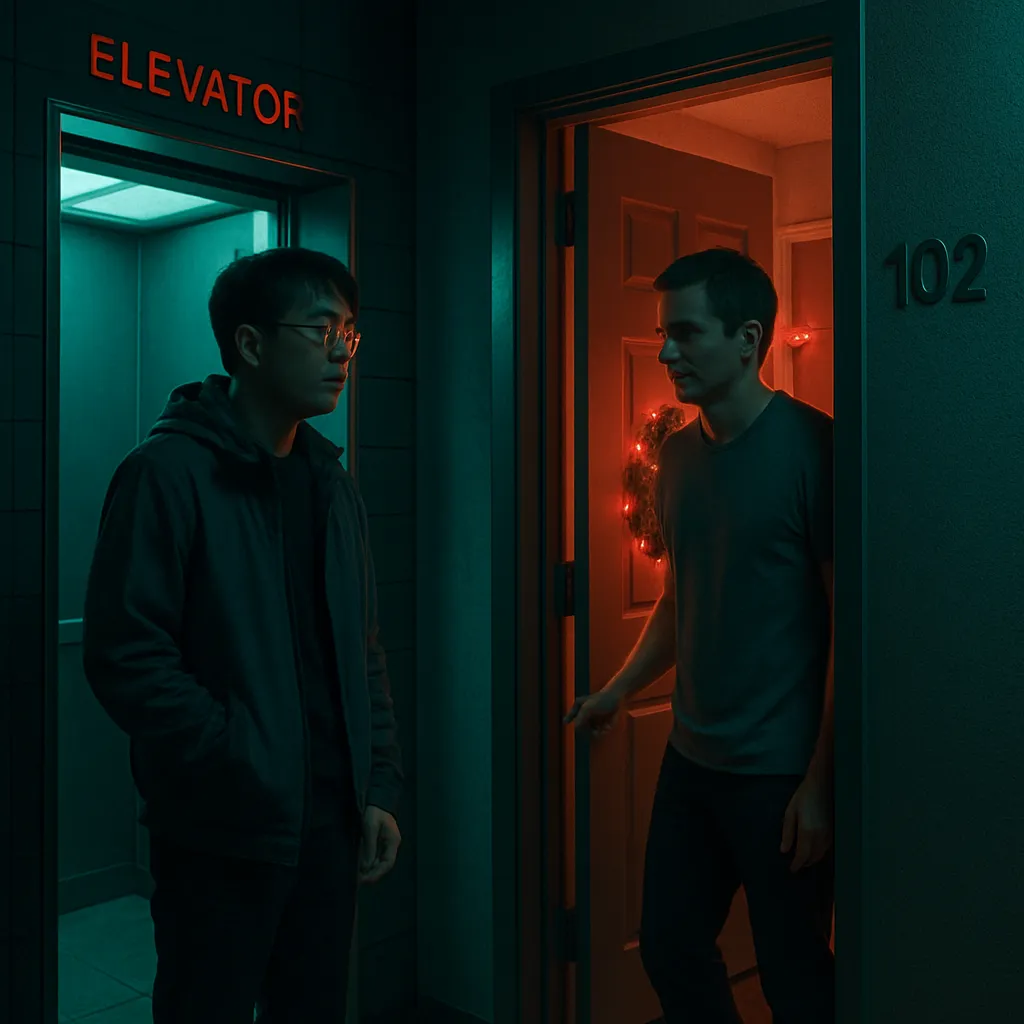 The dreamer lives in a high-rise building and encounters a Chinese stranger late at night. Initial friendly conversation turns unsettling with talk of knives, leading to unease. Dreamer returns to their unit, feeling relieved. Later, they prepare to share space with another student.