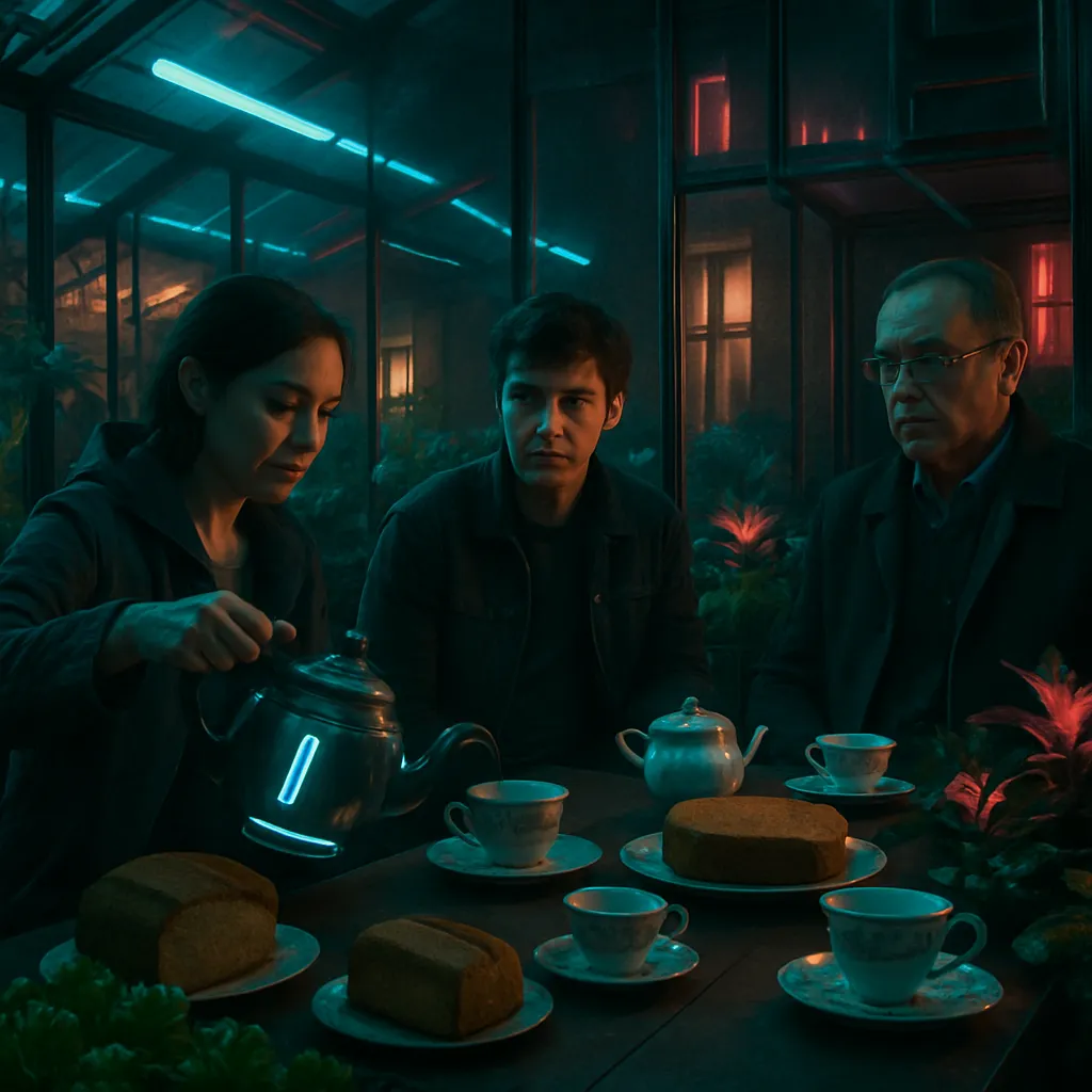 The dreamer finds themselves in a greenhouse, growing a variety of unique plants and gluten-free foods. They transition to a past residence where they host a tea gathering, engaging with family and considering personal boundaries.
