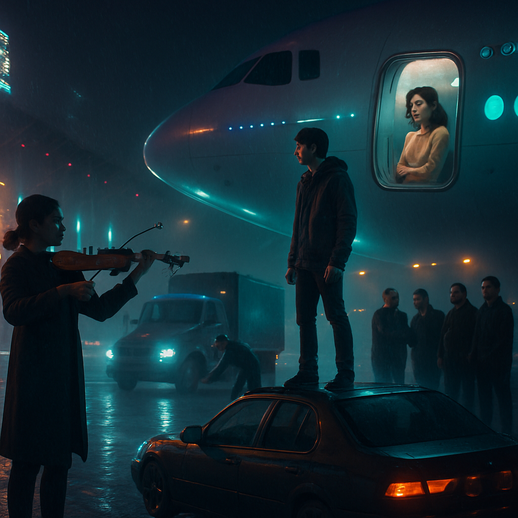 In the dream, the dreamer receives a violin from a woman, witnesses a man's logistical efforts with a truck, experiences an unusual incident with a woman on a plane, and stands on a car driven by their dad while feeling safe despite external concerns, suggesting a blend of new opportunities, vulnerability, and personal safety.