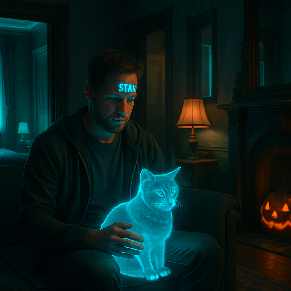 The dreamer is housesitting a friend's apartment in a haunted Victorian house, interacting with the ghost of a deceased pet cat, and feeling uneasy about the house's ambiance and Halloween imagery.