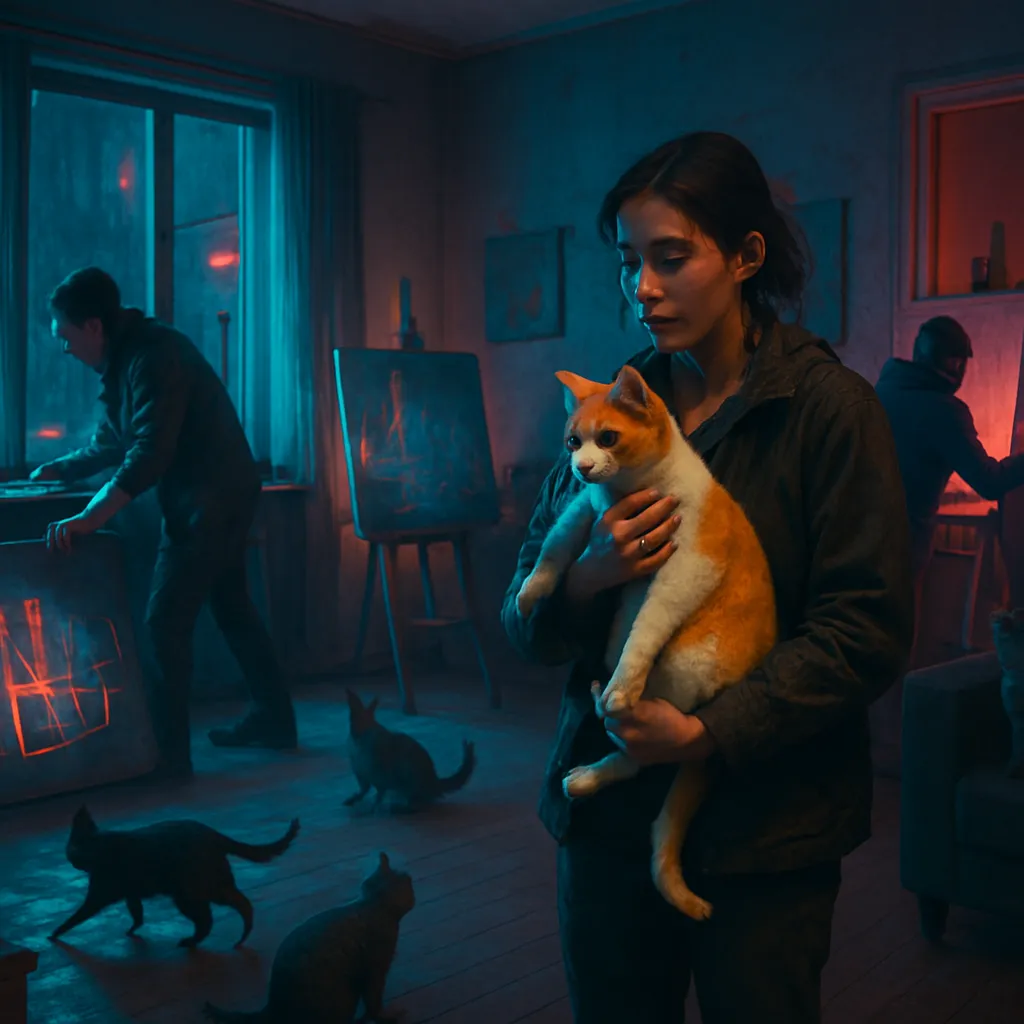 The dreamer observes artists finishing their work, clearing space in the living room for the dreamer's work. Despite feeling nervous and unprepared, they attempt their task. A new white and orange cat enters, causing surprise and scattering familiar cats. The dreamer cares for it.