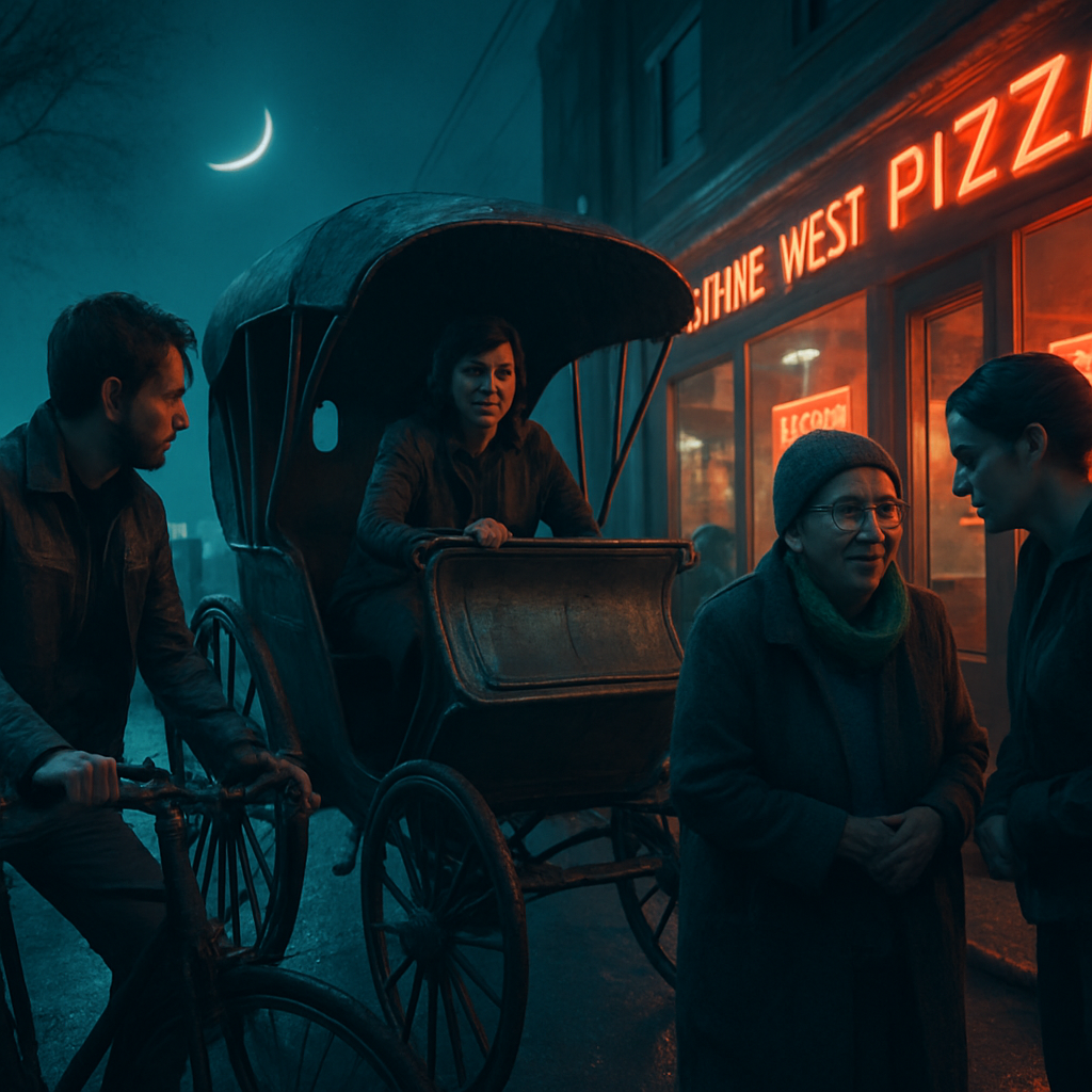 The dreamer receives an old metal carriage from their mother and navigates a cemetery, later switching to a bike due to darkness. Upon reaching a town, they're advised the carriage may be valuable. They help an old lady order pizza, symbolizing transition, value acknowledgment, and kindness.