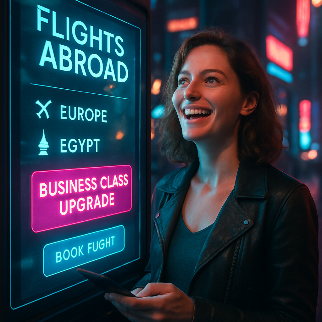 The dream depicts booking flights abroad, possibly to Europe or Egypt, with the exciting prospect of getting free or discounted business class upgrades. The dreamer feels thrilled at the idea of traveling again.