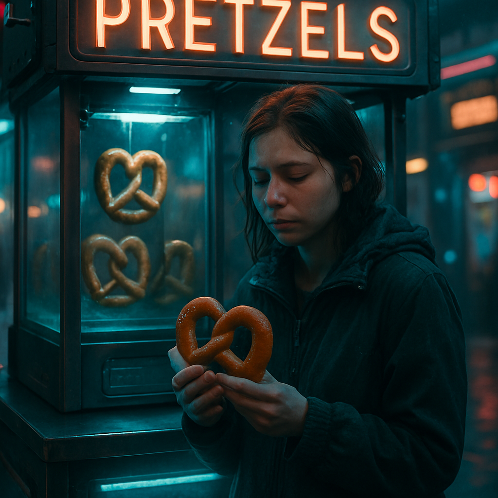 The dreamer felt unwell and sought comfort by getting a soft pretzel from a concession stand.