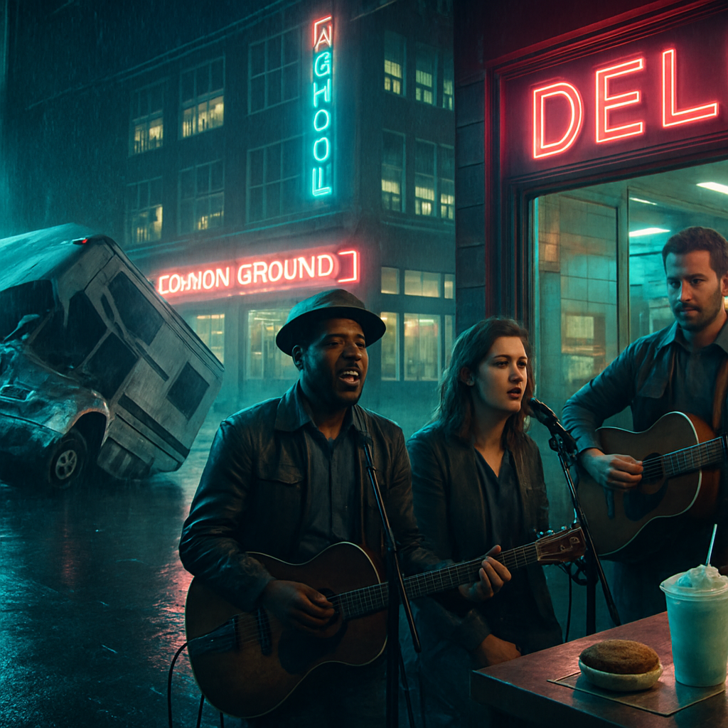 The dreamer witnessed an RV crash, engaged in singing with a man and another woman, experienced moving from a large school, saw a restaurant being cleared out, and struggled with a purchase at a deli which turned into a whoopie pie.