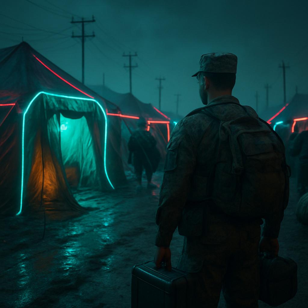 The dreamer moves to a familiar tent camp, reminiscent of Iraq service, bringing only certain belongings while following the rules, in contrast to others who take everything they own.