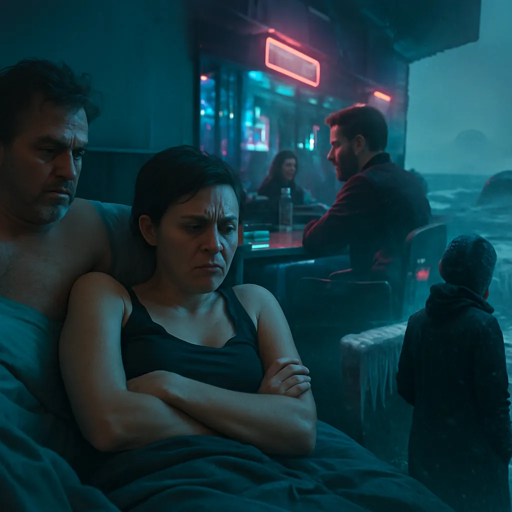 The dreamer experienced intimacy with a problematic acquaintance, followed by feelings of discomfort, exclusion at a bar, and challenges due to an ice storm at a seashore.