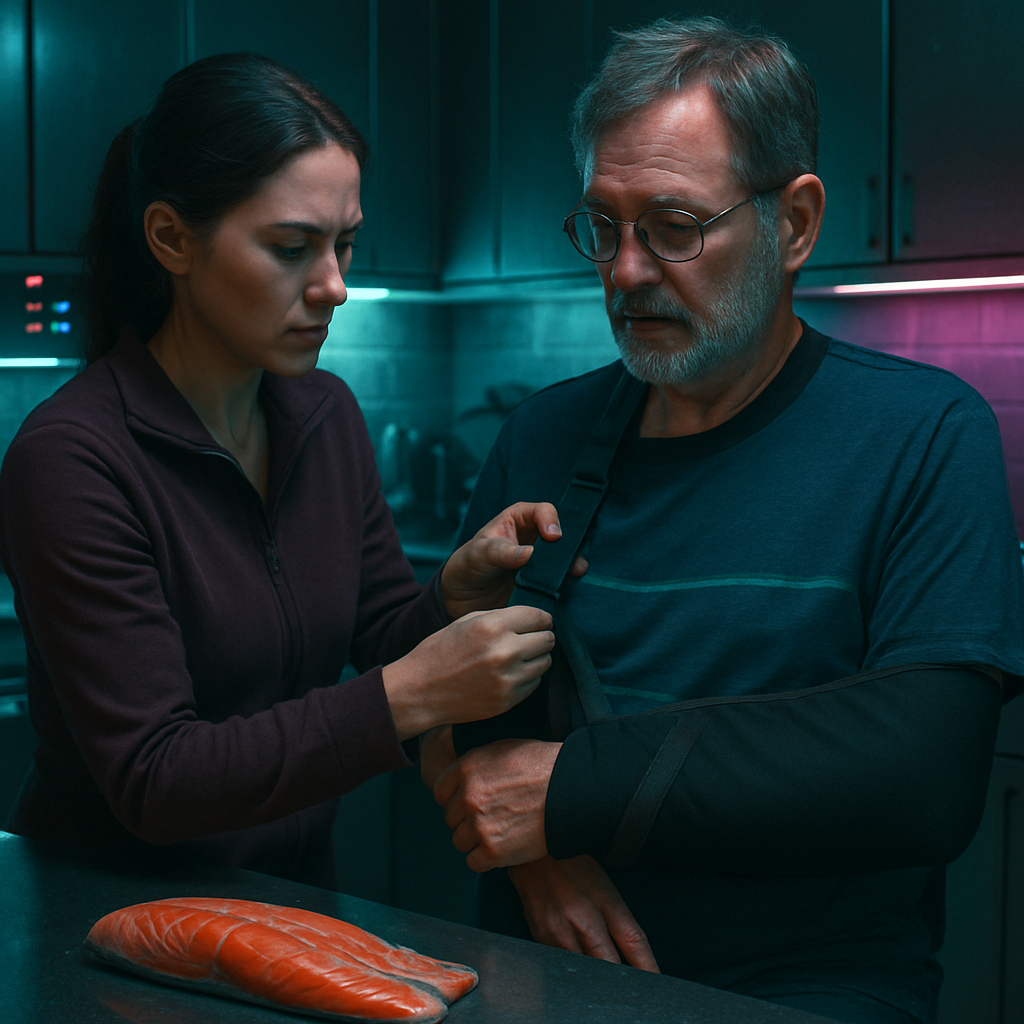 The dreamer aids their father with his injured arm by fixing his sling, provides him transportation, and later finds a forgotten salmon in his kitchen, questioning the wastefulness of leaving it out.