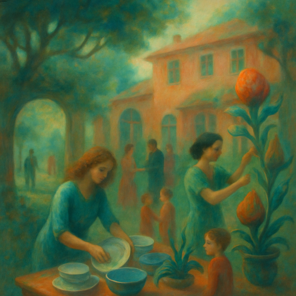 The dreamer is at Aila's large house where a social gathering occurs. Activities include cleaning dishes and organizing plants. Unique plants are used decoratively but may cause minor tension.