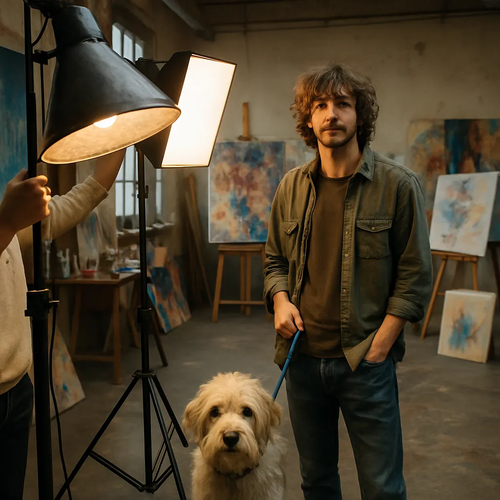The dreamer assists in an artistic setting, focusing on lighting and encounters a shaggy-haired man walking a dog.