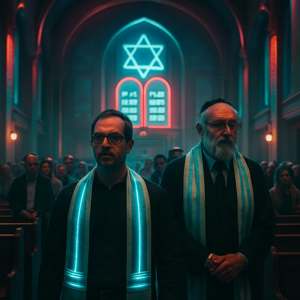 The dreamer finds themselves in a synagogue, leading a line of people through a service, alongside a familiar rabbi.