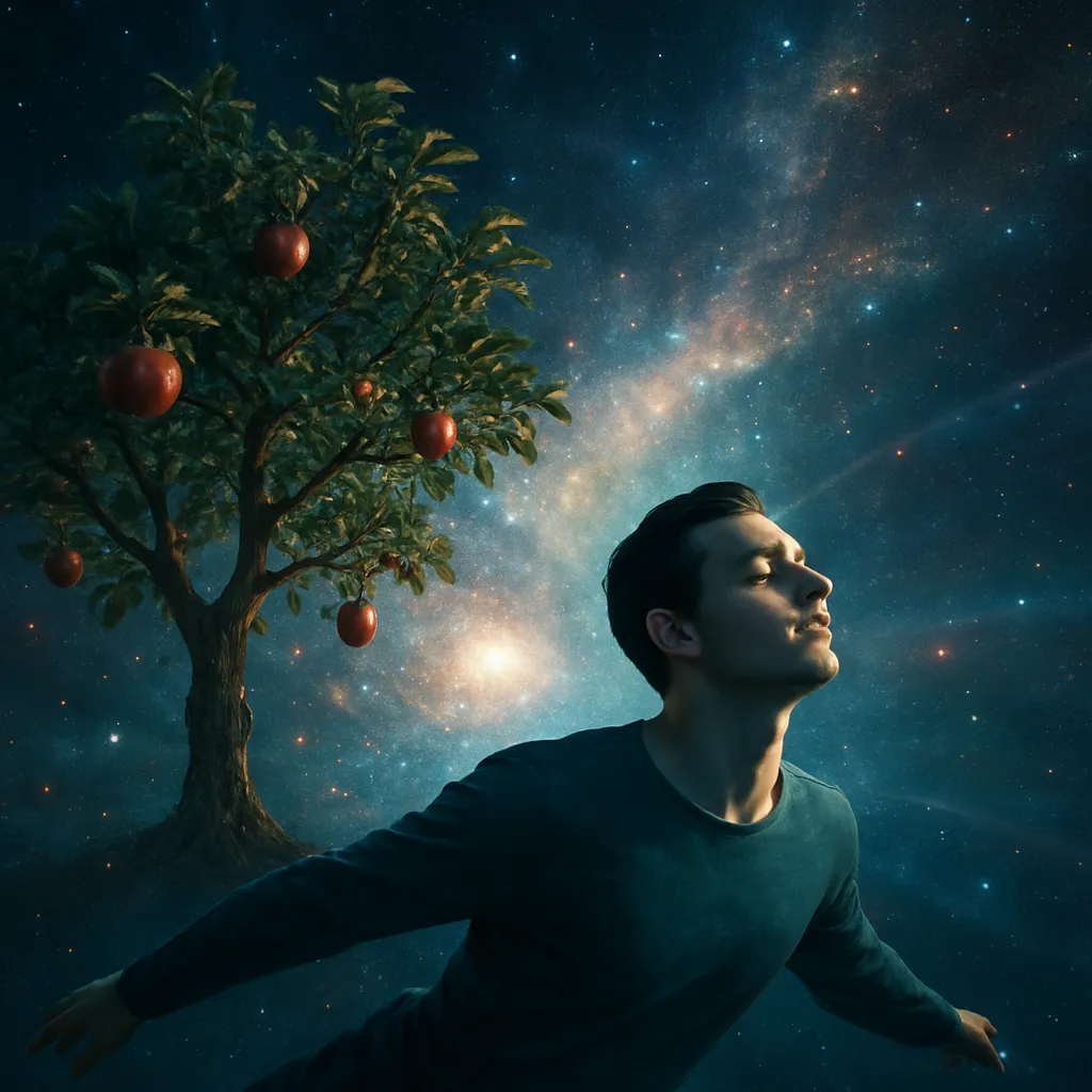 The dreamer witnesses creation, sees an apple tree, and experiences the evolution of the universe. They fly with awareness and closed eyes, pondering their dream state.