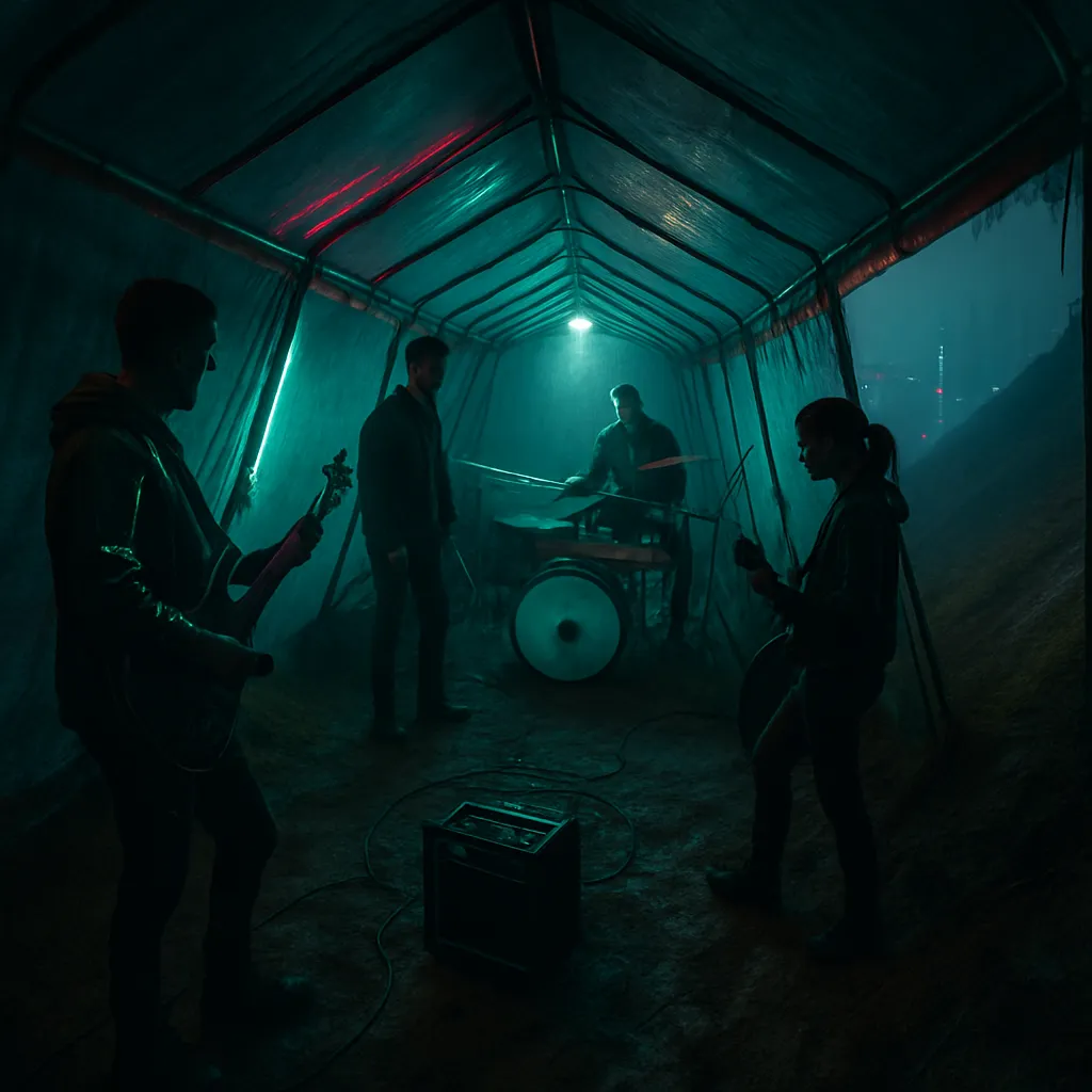 The dreamer is trying to organize a band practice in a long narrow tent situated on a steep hill, facing difficulties due to the space constraints and uneven ground.