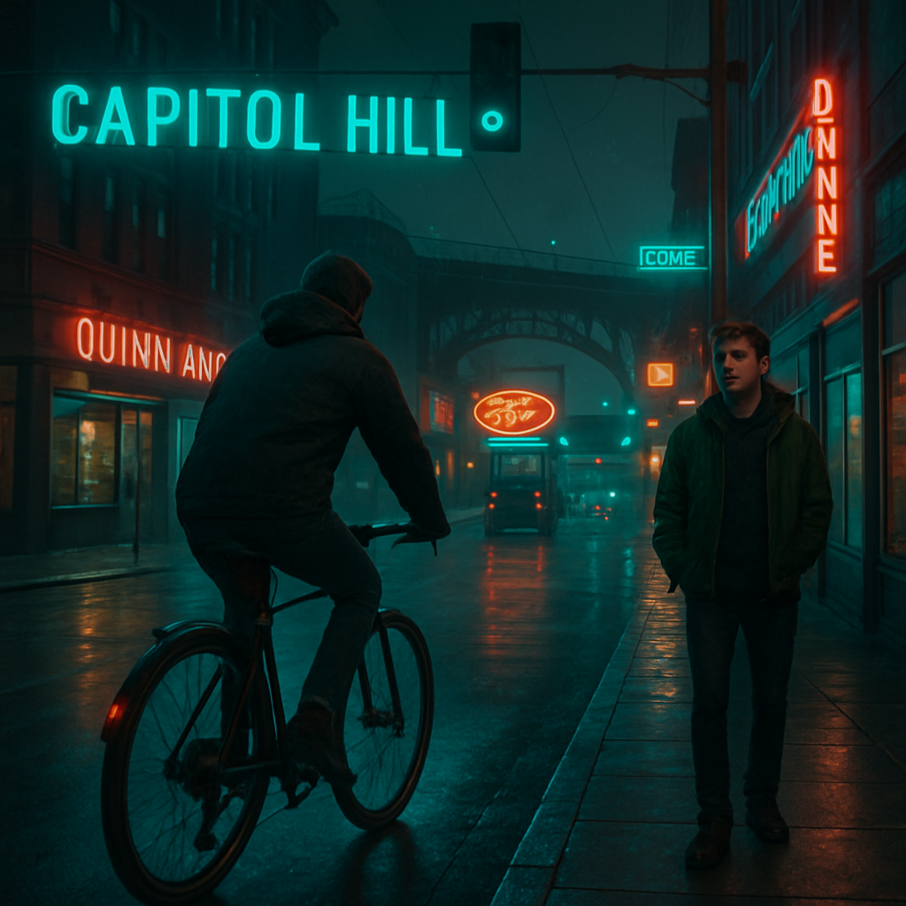 The dreamer is cycling home from Capitol Hill, experiencing uncertainty about the destination. They encounter a young man, prompting self-reflection after an unusual comment about their breath.