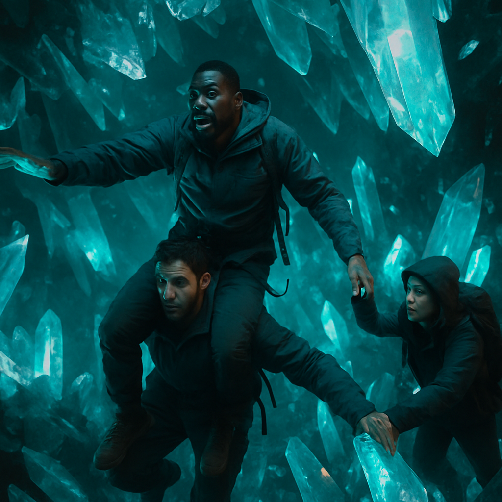 The dreamer is exploring crystal caves with their friend and a possible guide. The environment defies gravity, creating a sensation of falling that elicits fear. Despite this, the dreamer is held up and finds power in the crystals, though they are perceived as dangerous.