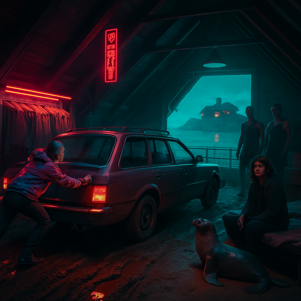 The dream involves traveling to an island, getting assistance from Mel to maneuver out of mud, exploring a large house with clothes, and coexisting with a seal and athletes in the house.