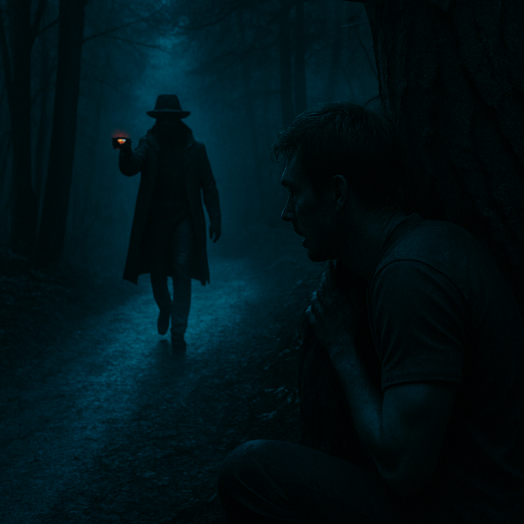 The dreamer is running on a gravel trail through a forest and lets a faster runner pass them. Later, a shooter appears, and the dreamer hides in fear, finding a secure hiding spot.