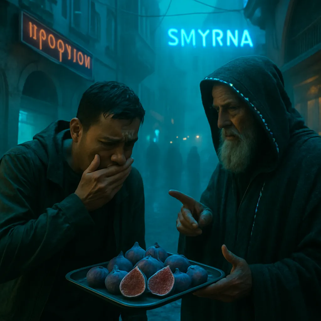 A journey to Smyrna where figs were offered, revealed to be poisoned by a prophet, leading to suspicion and vomiting.