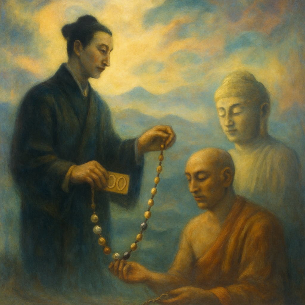 The dreamer earned 200 sen, gave half to a Buddhist sculptor from Satsuma, and strung the remaining with gold and silver beads.